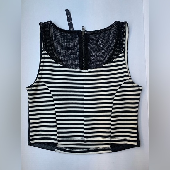 JESSICA SIMPSON Black & Beige White Striped Crop Top w/ Faux Leather Sides Small - Picture 4 of 5